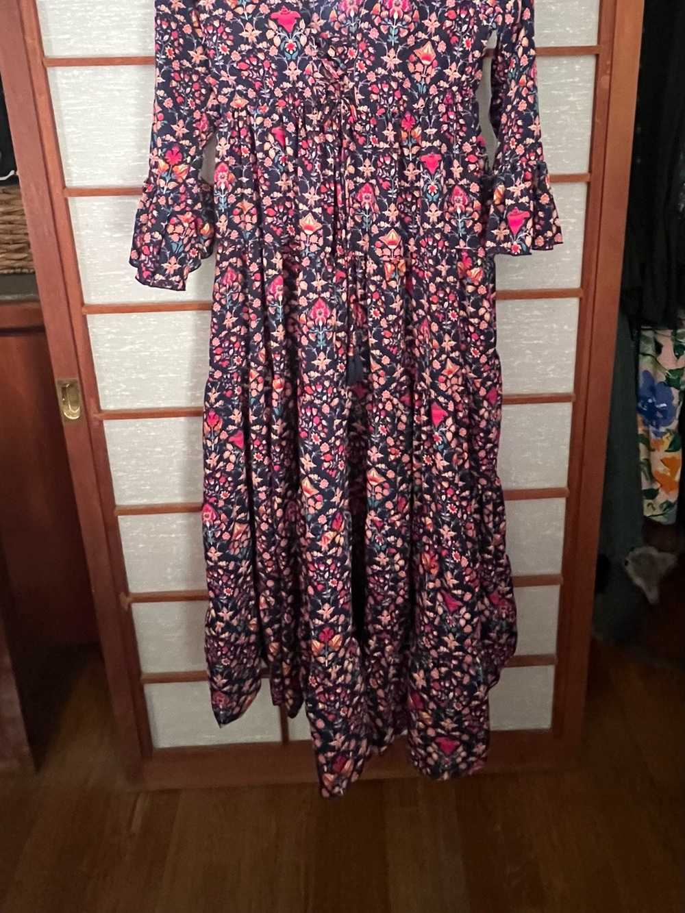 Navy Floral Tiered Maxi Dress with Pink Accents